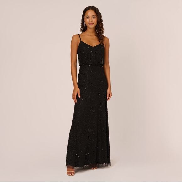 Adrianna Papell Womens Black Beaded Art Deco Blouson Formal Maxi Dress - US 16 - Picture 1 of 16